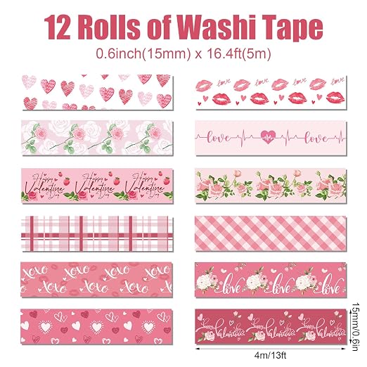 12 Rolls Pink Heart Washi Tape Set, Love Heart Cute Masking Tape Decorative Paper Tape for DIY Craft Wrapping Scrapbook Envelope Birthday Wedding Tea Party Decor,16.4FT