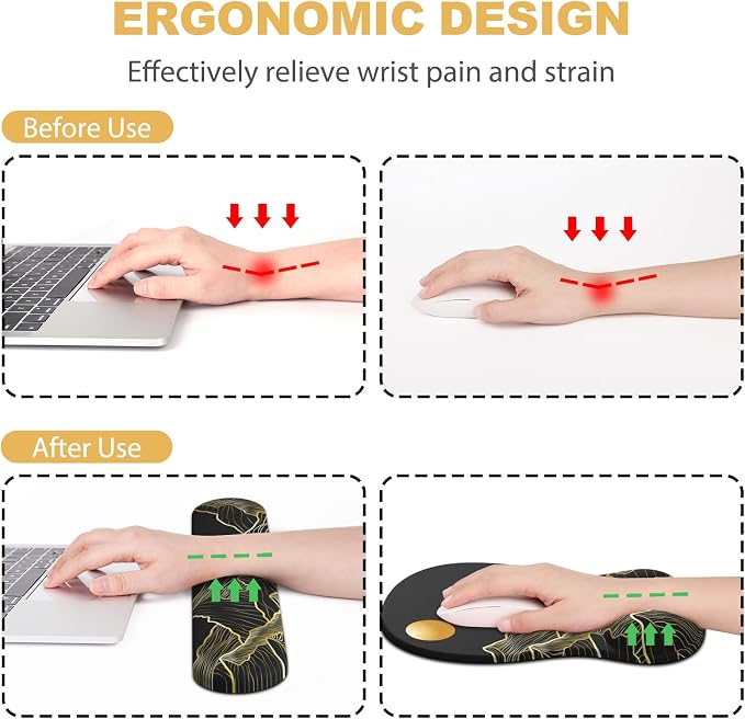 Ergonomic Mouse Pad with Wrist Rest and Keyboard Wrist Rest, Gel Mousepad and Wrist Rest for Computer Keyboard, Pain Relief, Non-Slip PU Base, Black Mouse Pad with Wrist Support for Gaming, Mountain