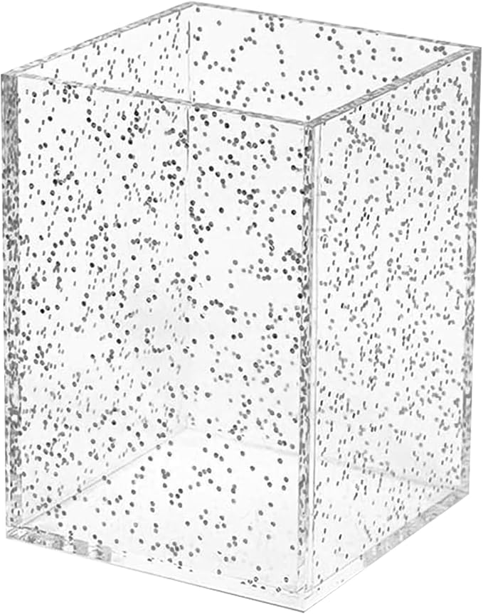 pbf Clear Acrylic Pen Holder for Desk | Clear Pencil Holder | Acrylic Makeup Brush Holder for Vanity | Pen Organizer | Bookmark Holder | Pencil Cups | Desk Organizer (Silver Glitter)
