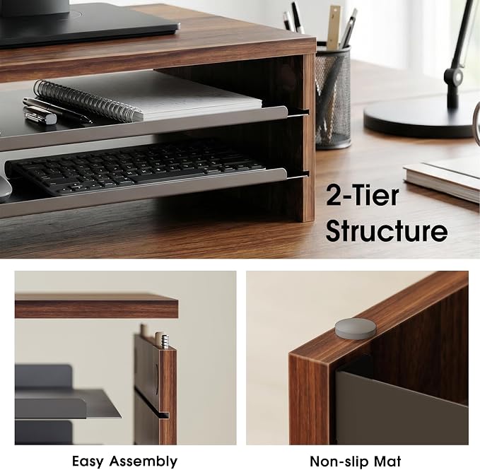Fenge 14.3-Inch Monitor Stand with Slide-Out Trays, Wood & Metal Desk Shelf | 3-Tier Space-Saving Desk Storage Organizer, Fits Computer, Laptop, Printer and Telephone
