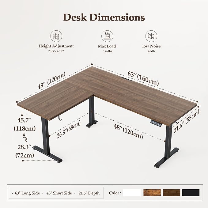 Klicelor L Shaped Standing Desk 63 x 48 Inch, Electric Height Adjustable Corner Desk for Home Office Workstation, Ergonomic Sit Stand Computer Table with Memory Controller, Dark Walnut