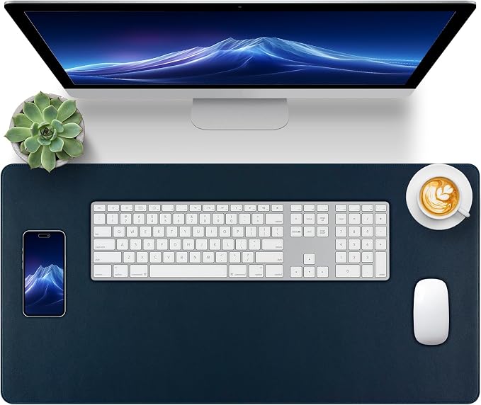 Dark Blue Leather Desk Pad Large Mouse Pad, 31.5"x15.7" | Waterproof Desk Mat for Keyboard and Mouse, Non-Slip Computer Desk Protector, Smooth Mouse Control for Home Office