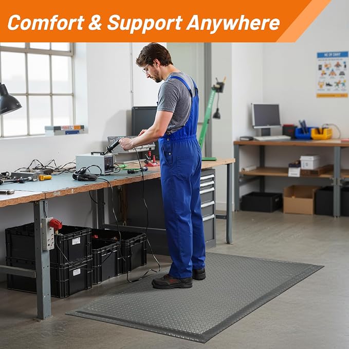 Nisorpa Anti Fatigue Mats Industrial 2' x 3' Ergonomic Standing Mat 15/16" Extra Thick Shop Floor Mat Kitchen Mats Heavy Duty Commercial Diamond Plate Support for Leg & Back Pain, Grey
