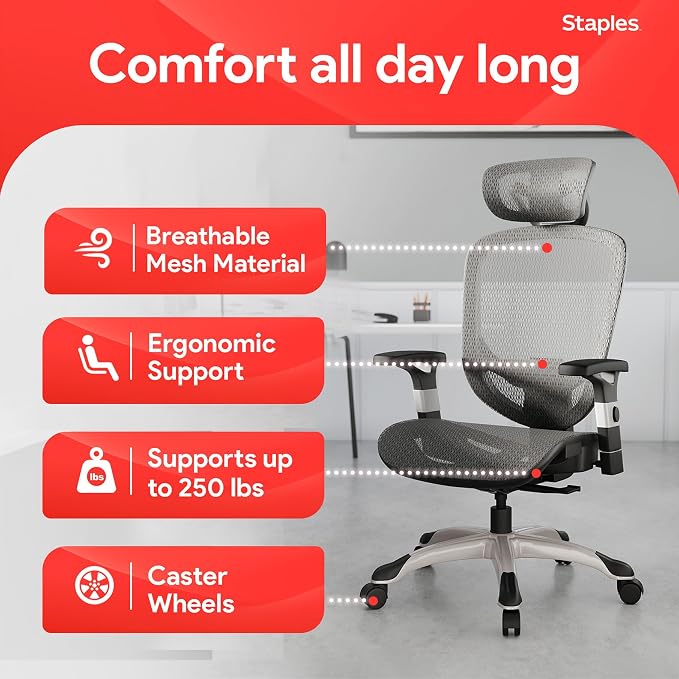 STAPLES Hyken Ergonomic Task Chair, Mesh, Ergonomic, Lumbar Support, Swivel, Gray
