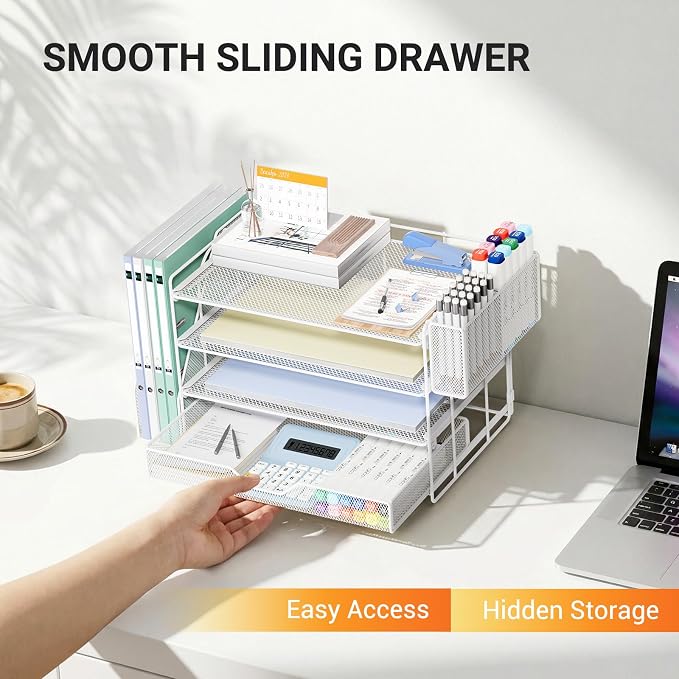 OPNICE 4-Tier Desk Organizer and Accessories, Desktop File Organizer with Drawer, Pen Holder and File Holder, Paper Letter Tray Organizer, Office Desk Accessories for Home Office Supplies, White