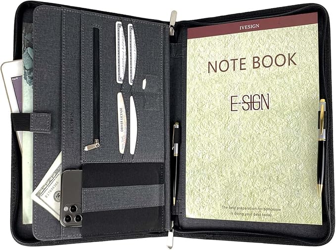 PU Leather Padfolio with Double Zipper, 10.1" Tablet Sleeve, Card Slots & Writing Pad - Multi-Functional Portfolio Binder for Documents, Business Card Organizer & Office Accessories