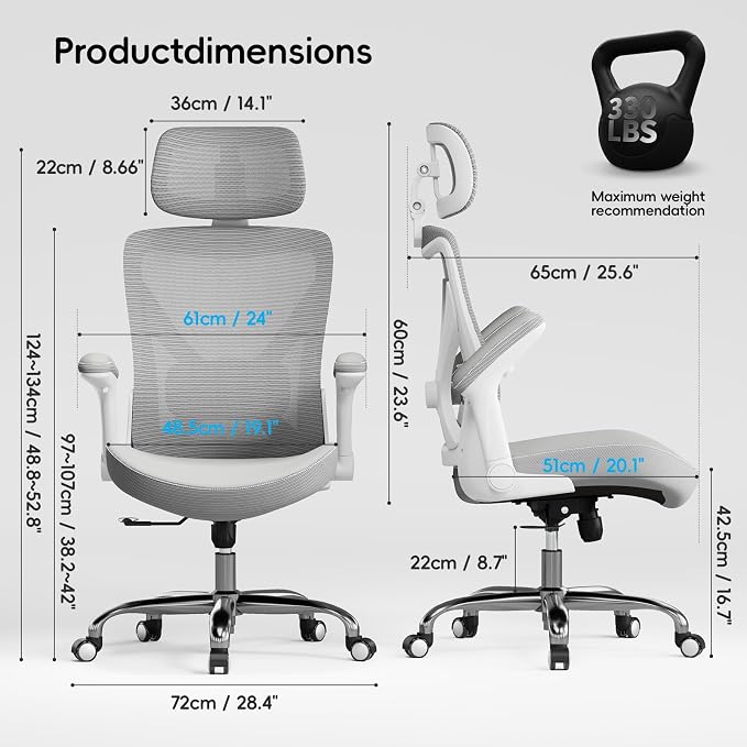 Ergalithic Ergonomic Office Chair-Computer X-Shaped Chair Mesh PU Leather with Adjustable Lumbar Support-Executive Desk Chair High Back with Headrest Flip-Up Arms for Long Hours (White-Grey)