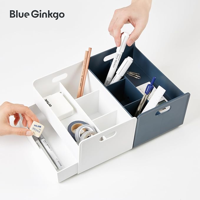 BLUE GINKGO Portable Desk Organizer, White, Made in Korea | 3 Compartments. Half Drawer. Everyday Storage.