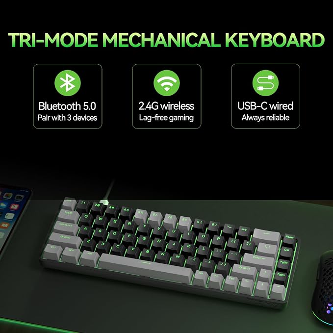 TMKB T68 60% Wireless Mechanical Gaming Keyboard, Tri-Mode BT5.0/2.4GHz/USB-C with Red Linear Switch, RGB Backlight, Anti-Ghosting, Compact 68 Keys, Wired/Wireless, Gray/Black