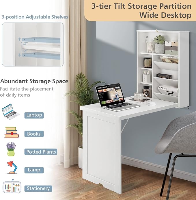 GOFLAME Wall Mounted Folding Desk, 3-Tier Tilt Storage Partition With Adjustable Shelves, Space-Saving Floating Laptop Desk, Convertible Writing Table for Home Office, White