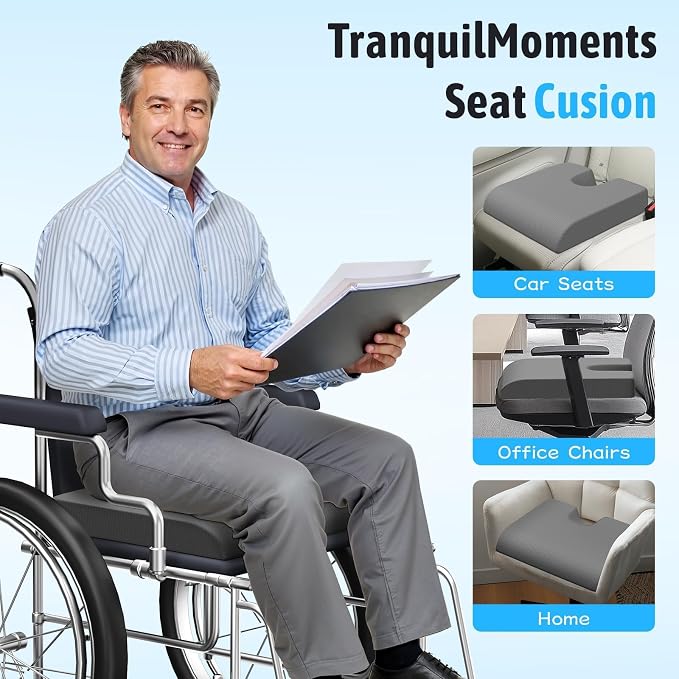 TranquilMoments Seat Cushion, Gel Wheelchair Seat Cushion, Grey | Wheelchair Seat Cushion Cooling Gel Memory Foam, Tailbone Pain Relief, Removable Cover & Non - Slip Bottom Chair Cushion