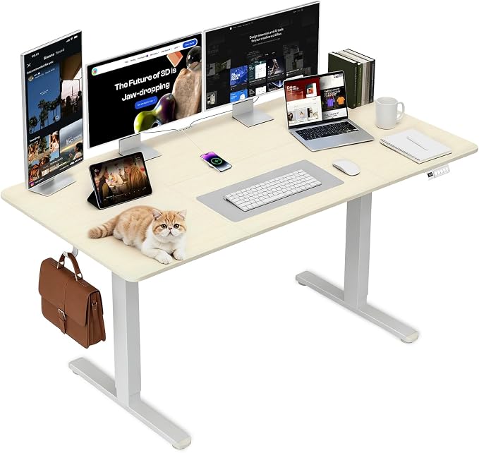 Adjustable Standing Desk, 60x28 Inch Electric Desk with 3 Memory Presets & Child Lock, Quiet Motor, Industrial Steel Frame, Dual Hooks, for Professional Workstation,Natural