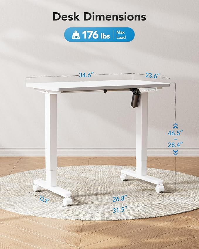 HUANUO Electric Small Standing Desk, 35" x 24" Whole Piece Desktop, Adjustable Height Computer Desk, 4 Height Memory Settings, Sit Stand Up Desk for Home Office, White