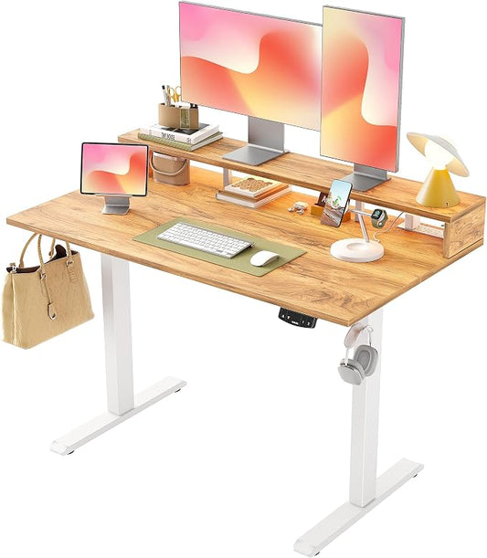 Agilestic 48x24 Inch Electric Standing Desk with Shelf, Height Adjustable Desk with Power Outlets & LED, Sit Stand Up Table with Monitor Stand, Computer Workstation, Light Rustic Brown
