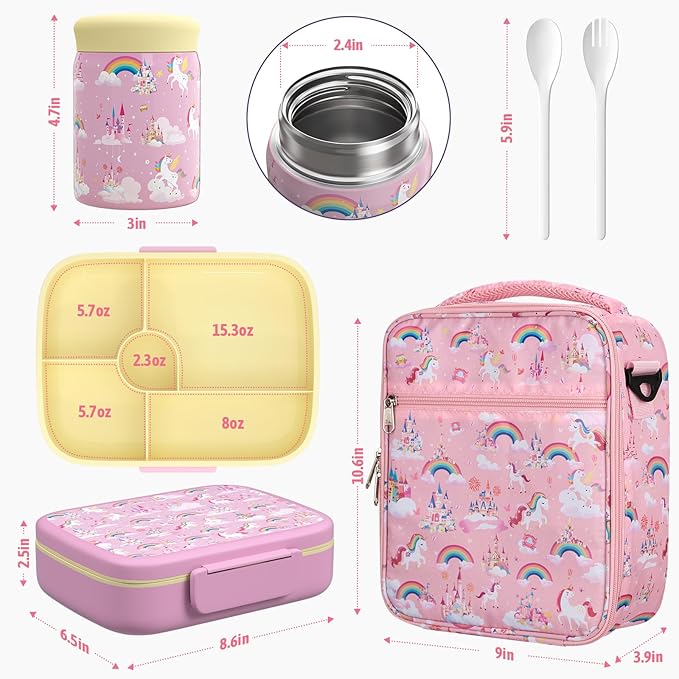 Kids Bento Lunch Box with Thermo Leak-Proof Snack Lunch Containers with Insulated Lunch Bag Utensils Set Back to School Supplies Gifts for Boys and Girls Toddlers Kindergarten Lunch Accessories Pink