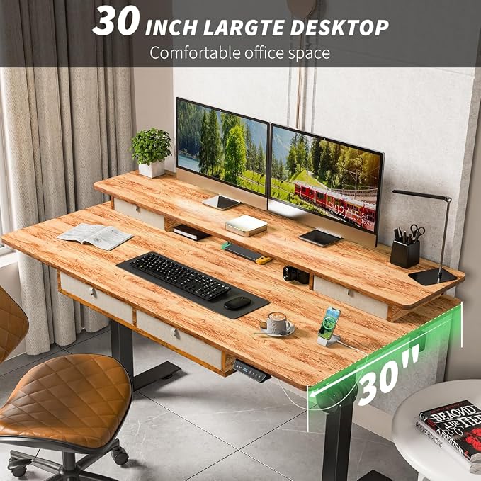 Kingant Electric Standing Desk with 4 Drawers,USB Charging Ports 63"x 30" | Ergonomic Height Adjustable Large Workstation, Heavy-Duty Sit Stand Up Desk For Home Office Daily Work,Light Rustic Brown