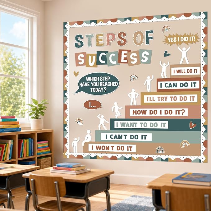 Motivational Bulletin Board Decorations Set Back to School Positive Classroom Decor Steps of Success Paper Cutouts Educational Sayings Accents for School Door Wall Chalkboard Decor Supplies (Boho)