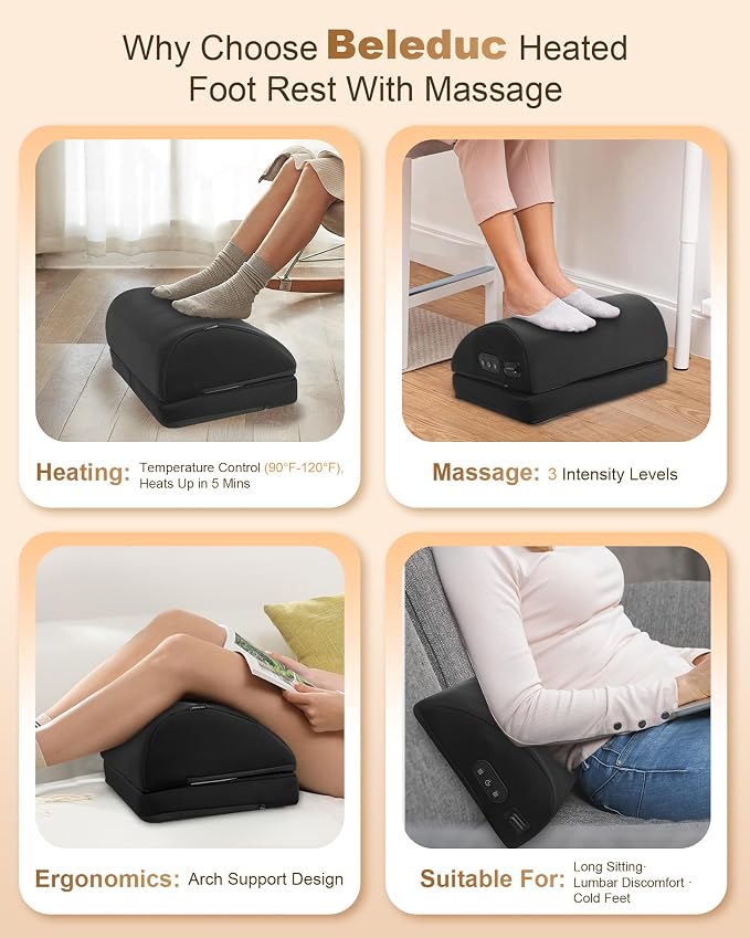 Beleduc Heated Foot Rest Under Desk at Work, Ergonomic Under Desk Foot Stool with Vibration Massage, Memory Foam Footrest, 3 Adjustable Height, Non-Slip