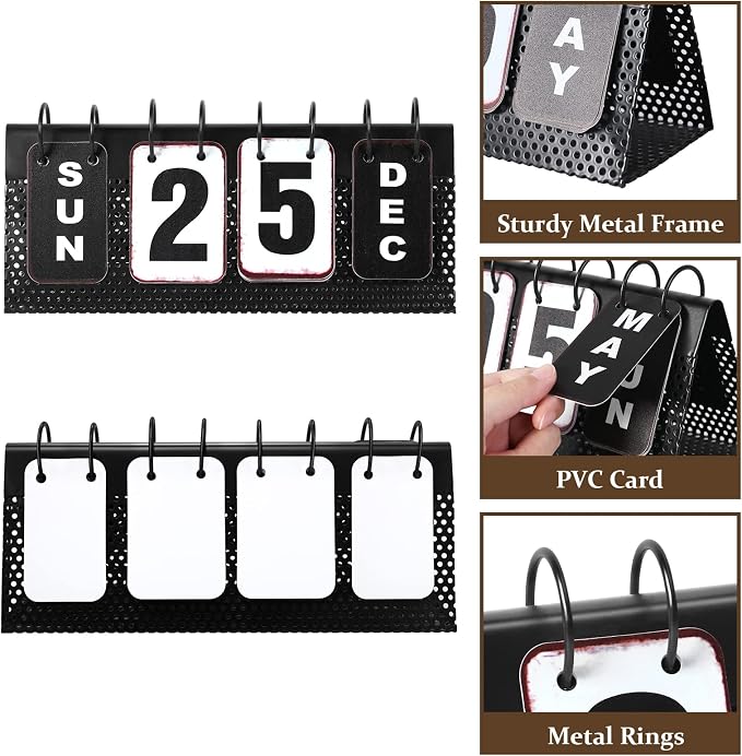 Metal Desk Calendar Standing Flip, Desktop Perpetual Flip Calendar with Large Display, Farmhouse Vintage Daily Flip Calendar for Home Office Decor, Reusable Yearly