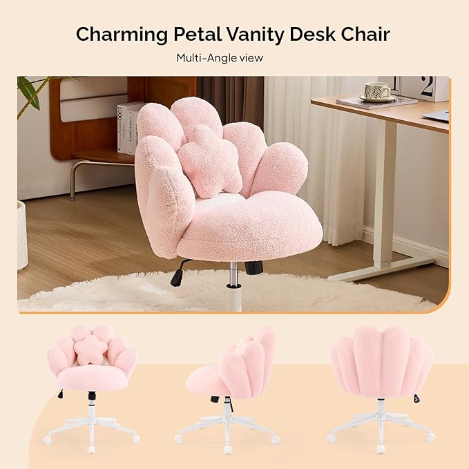 VINGLI Lovely Petal Vanity Desk Chair with Star Pillow, Height Adjustable Armless Swivel Chair in Vibrant Color-Blocking, Modern Computer Task Chair for Bedroom & Home Office, Teddy Fleece,Pink