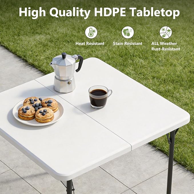 Folding Table, 36 Inch Square Foldable Card Table with Carrying Handle, Heavy Duty Fold-in-Half Portable Table No Assembly, Ideal for Picnic, Camping, RV Travel, Parties, BBQs, Crafting and Indoor Use