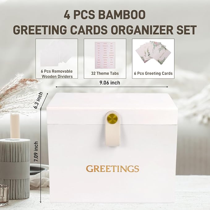 Large Bamboo Greeting Card Organizer Box with 6 Removable Dividers, Real Leather Handle, 100% Handmade Solid Bamboo, Storage Box for Christmas, Valentine, & Birthday Cards, Postcards, Stationery& More