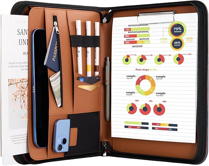 ProCase Portfolio Business Padfolio Folder with Zipper, Conference Meeting Executive File Legal Document Organizer with Pockets Letter Size A4 Writing Pad Notepad Padfolio -Tan