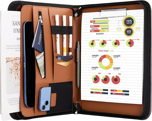 ProCase Portfolio Business Padfolio Folder with Zipper, Conference Meeting Executive File Legal Document Organizer with Pockets Letter Size A4 Writing Pad Notepad Padfolio -Tan