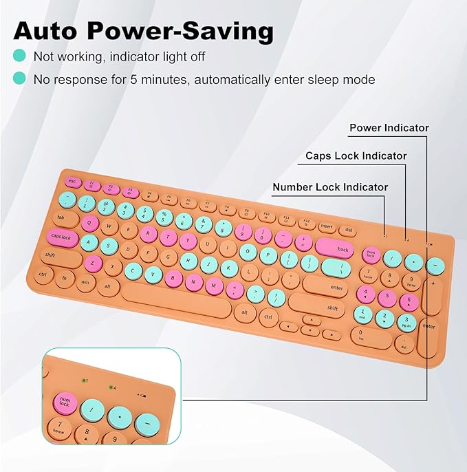 Wireless Keyboard and Mouse Combo, Retro Typewriter Keyboard with Round Keycaps, 2.4GHz USB Cute Wireless Keyboard Mouse for Computer, Desktop, Laptop and Computer (Orange Colorful)