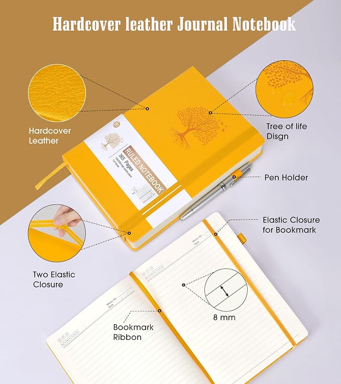 Lined Journal Notebook, 365 Pages B5 Journals for Writing College Ruled Notebook, Hardcover Leather Journal for Women Men, Daily Notebook for Work, Note Taking,100Gsm Thick Paper( 7.6'' X 10'' Yellow)