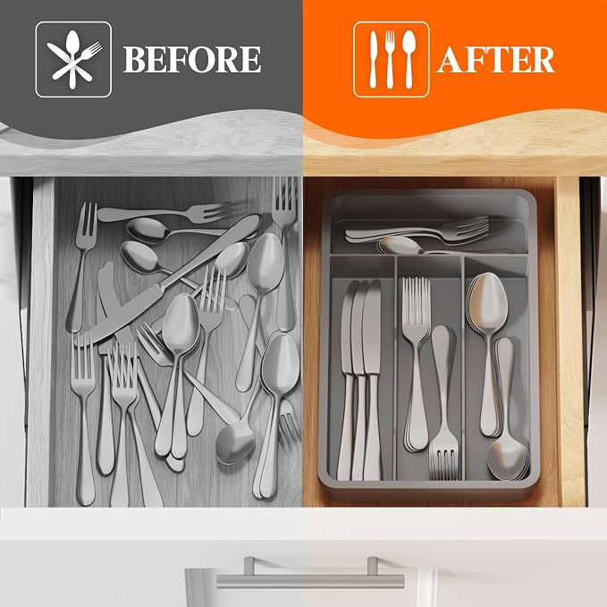 Lifewit Silverware Drawer Organizer Tray, Plastic Cutlery Storage for Kitchen, Flatware and Utensil Holder Divider for Spoons Forks Knives Tableware, 7.8 x 12.4", 4 Slots, Gray