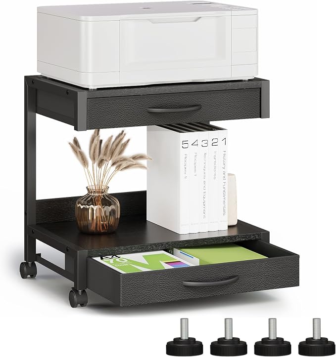 VENNQD 2-Tier Desktop Printer Stand with 2 Fabric Drawers, Prtiner Table with Storage Shelf, Desk Organizer for Home Office,3D Printer,Fax Machine,Scanner (Black, 2 Tier)