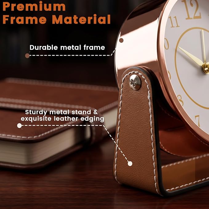 Analog Alarm Clock - 4.5" Silent Non Ticking Small Clock with Light, Rotatable Stand Metal Desk Clock Battery Operated, Simple Design for Living Room Decor/ Bedroom/Bedside/Shelf (Rose Gold & Brown)