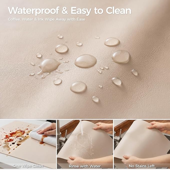 1.6mm Thick Leather 15x72 Inch Non-Slip Mat, Waterproof Countertop Protector, Extended Dresser Topper/Kitchen Counter Mat, Warm Beige