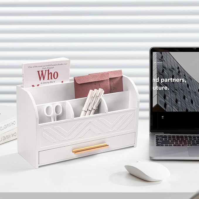 Charmewooden White Desk Organizer with Drawer, Pen Holder & Mail Sorter for Home Office