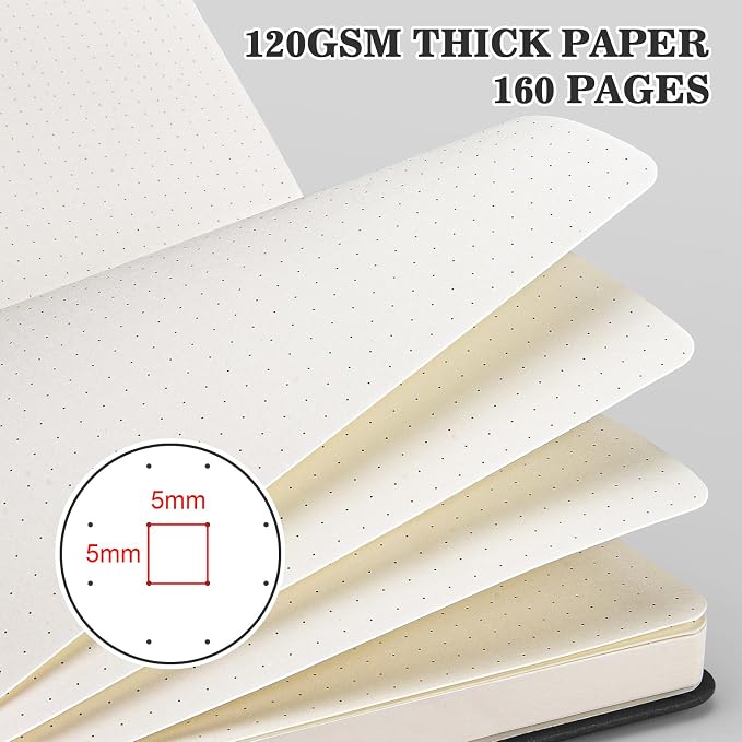 Bullet Dotted Journal Notebook 4 Pack: 160 Pages Per Pack, A5 Medium Size( 5.75" × 8.38"), 120 GSM Thick Paper, Leather Dotted Notebook, Hardcover Dot Grid Notebook, Dot Journal for Wrting (Black)