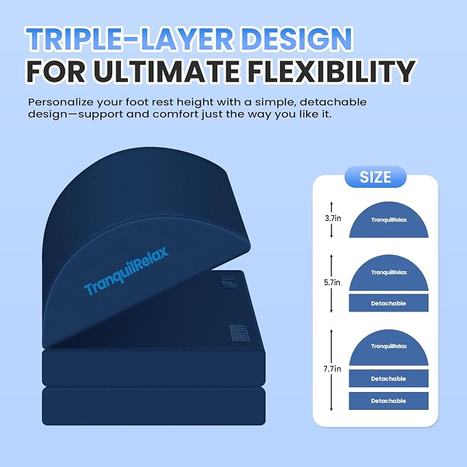TranquilRelax Foot Rest for Under Desk at Work, Gaming Accessories Foot Stool with 3 Adjustable Heights & Washable Cover, Comfortable Office Desk Accessories, Footrest for Office, Home and Car (Blue)