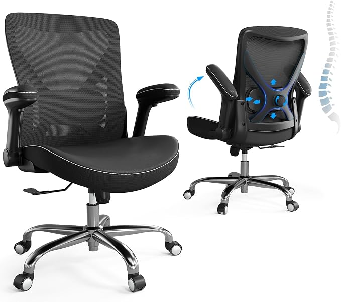 Ergalithic Office Home Ergonomic Desk Chair-Computer X-Shaped Chair Mesh PU Leather with Adjustable Lumbar Support-Executive Chair High Back Flip-Up Arms for Long Hours (Black-No Headrest)