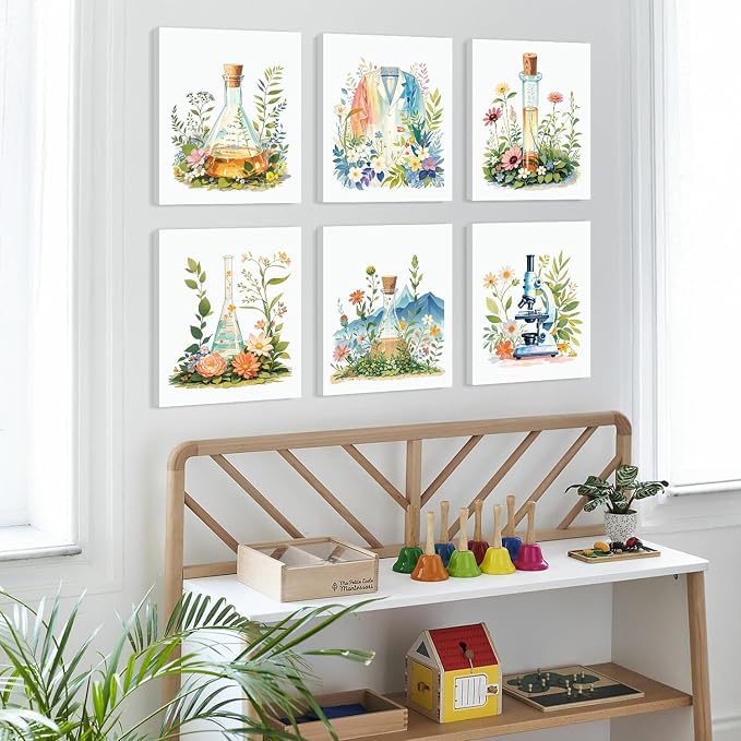 CHDITB Science Classroom Framed Canvas Wall Art, Botanical Scientific Explore Artwork, Nature Chemistry Wall Decor, Glassware Poster Microscope Art Prints For Middle School Laboratory Lab Decor-8”X10”