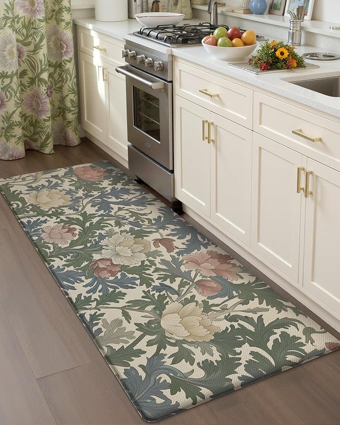 Color&Geometry Natural Floral Kitchen Mat 24x87 Anti Fatigue, Multi Color | 0.4in Thick Cushioned Standing Mat For Cooking/Working/Laundry, Flower Home Decor, Non Slip PVC Kitchen Rug, Oil/Water Proof