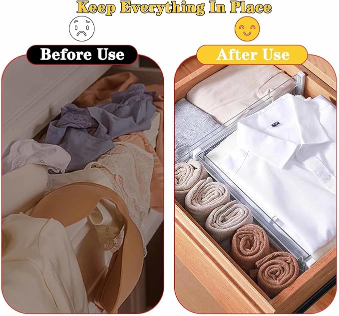 8 Pack Drawer Dividers for Clothes, 3.15" High 11.34"-19.69" Adjustable Expandable Dresser Drawer Organizer, Clear Plastic Separators for Dresser, Baby Clothing, Underwear, Cosmetic