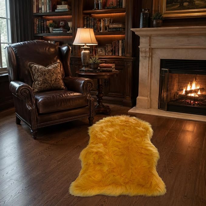 EasyJoy Faux Sheepskin Rug, Fluffy Faux Fur Rug, Ultra Soft Shag Area Rug with Non-Slip Backing for Bedroom, Living Room, Nursery, Kids Room(2 x 3 ft Sheepskin, Golden Yellow)