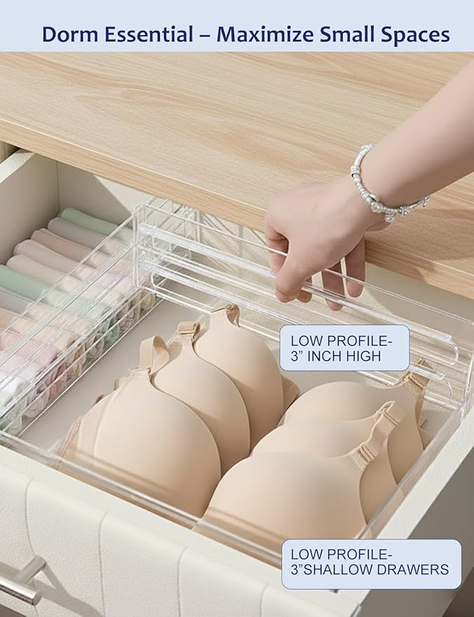 5 Pack Clear Drawer Dividers - Adjustable & Expandable Dresser Organizers, 3" High Plastic Separators with Non-Slip Adhesive for Clothes, Baby Nursery, Bathroom, Kitchen & Makeup