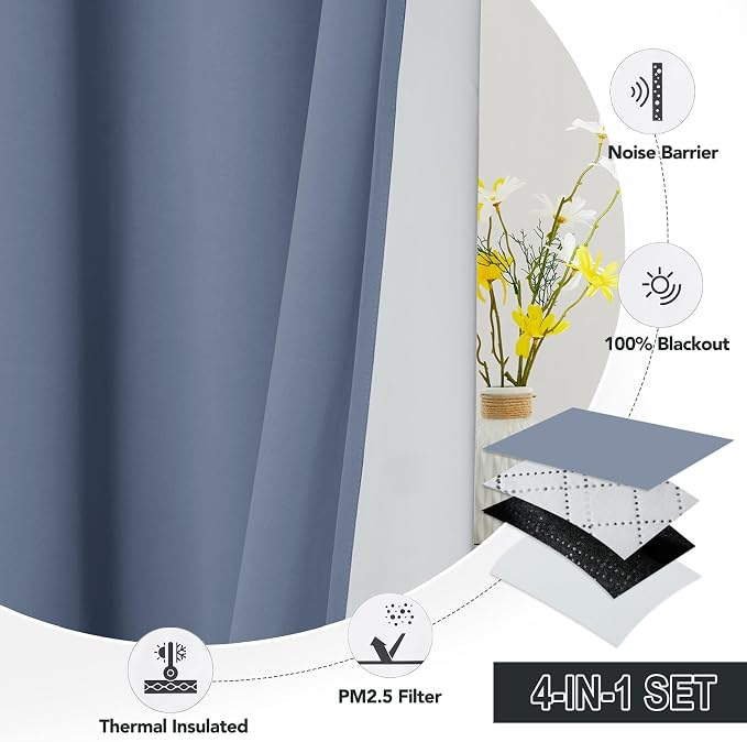 RYB HOME PM 2.5 Filter Curtains for Living Room/Bedroom, Soundproof Blackout Large Window Curtains for Dust Sandstorms Smog Pollen Odor Filtering, Stone Blue, W42 x L84 inch, 2 Panels