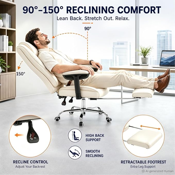 Big and Tall Office Chair Heavy Duty Wide Executive Office Chair(Beige) | Breathable Leather，Double-layered Backrest，Seat Cushion Designed of Deluxe Embroidery Leather，Foot Rest, Adjustable Armrests