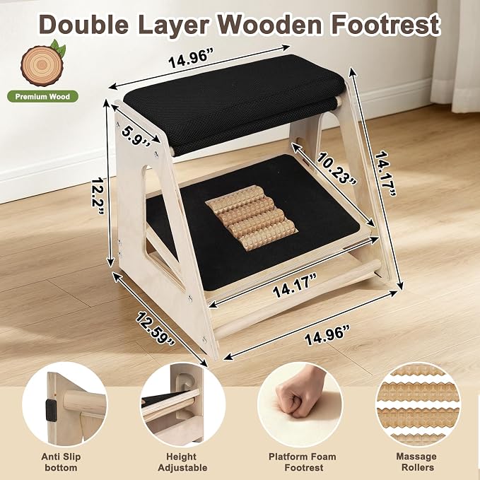 Natheeph Wooden Foot Rest Under Desk at Work – 3-Height Adjustable Ergonomic Foot Stool with Massage Roller on Lower Deck & Foam Upper Pad for Office, Home, Gaming, Non-Slip Base