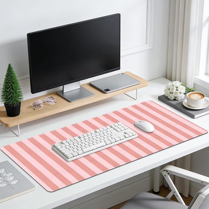 Leather Desk Pad Protector,Orange Striped Office Desk Mat, Large Mouse Pad PU Leather Desk Blotter, Waterproof Laptop Desk Writing Pad Computer Keyboard Pad for Office Home