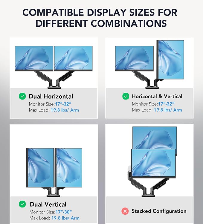 Dual Monitor Stand, Adjustable Monitor Desk Mount for 17″–32″ Computer Screens, Full Motion VESA 75x75/100x100 with C-Clamp & Grommet Aluminum Base, Each Arm Holds 4.4 to 20 lbs AX09DB201