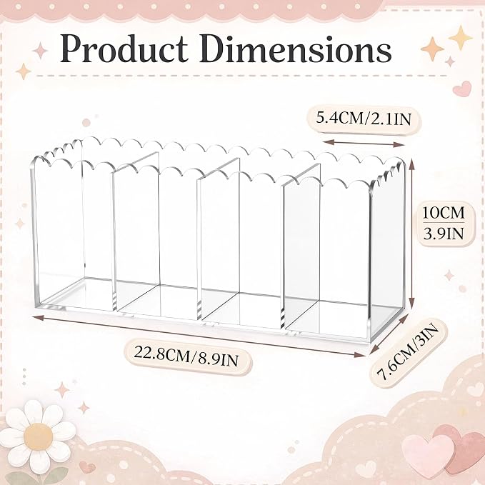 Scalloped Acrylic Pencil Holder for Desk, Clear Pen Organizer with 4 Compartments, Marker Makeup Brush Holder Remote Caddy for Home, Office, Bathroom, Classroom, Table