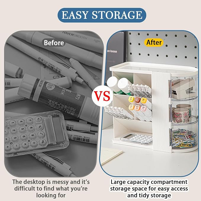 Desk Organizer with Pen Pencil Holder for Desk, Pen Organizer with 3 Drawers, Multi-Functional Desk Organization Deals and Accessories Desktop Storage for Office Home Art Supplies (White)